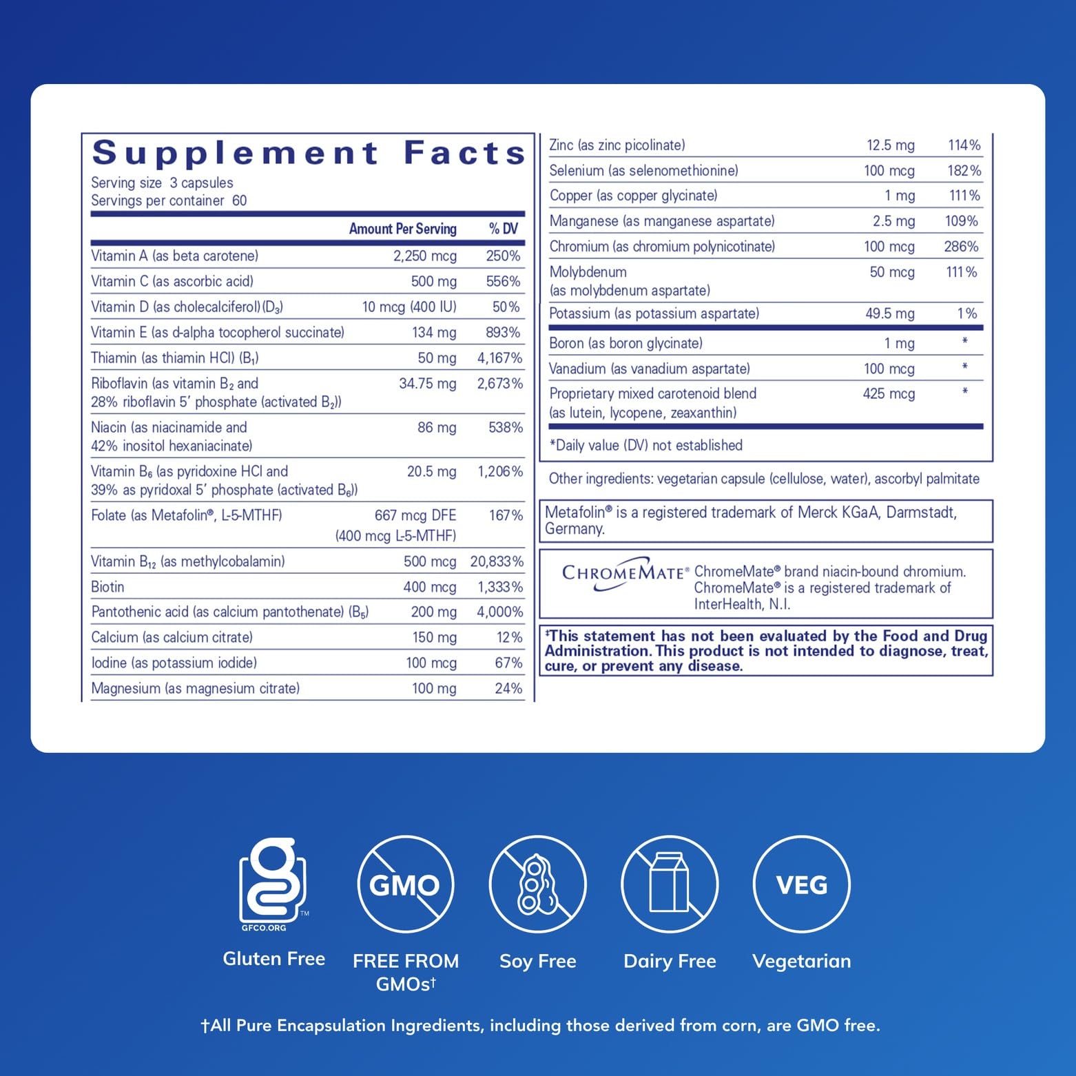 Pure Encapsulations Nutrient 950 without Iron label close-up highlights Metafolin L-5-MTHF form for folate support