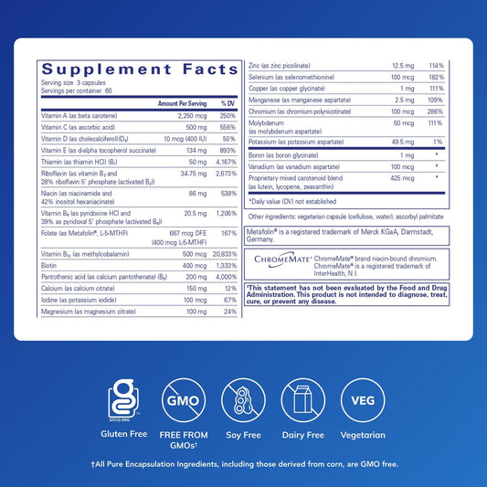 Pure Encapsulations Nutrient 950 without Iron label close-up highlights Metafolin L-5-MTHF form for folate support