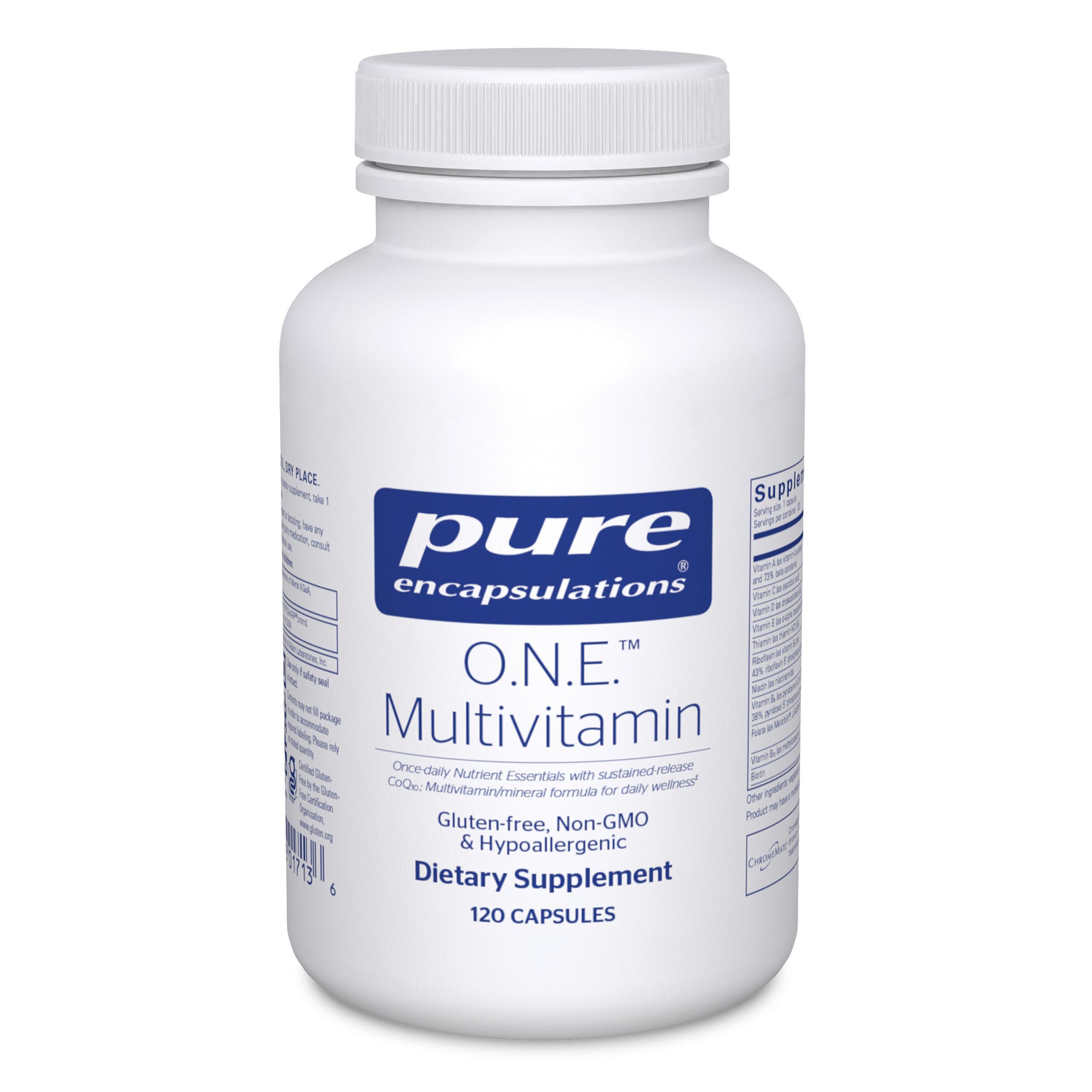 Pure Encapsulations O.N.E. multivitamin bottle with capsules offering antioxidant support.