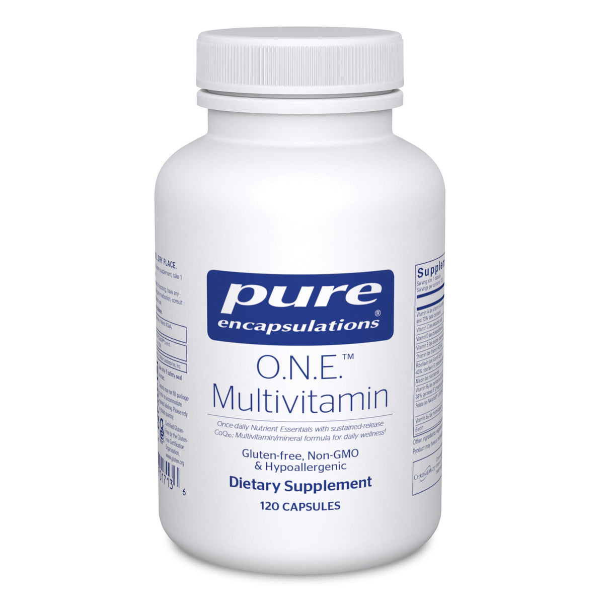 Pure Encapsulations O.N.E. multivitamin bottle with capsules offering antioxidant support.