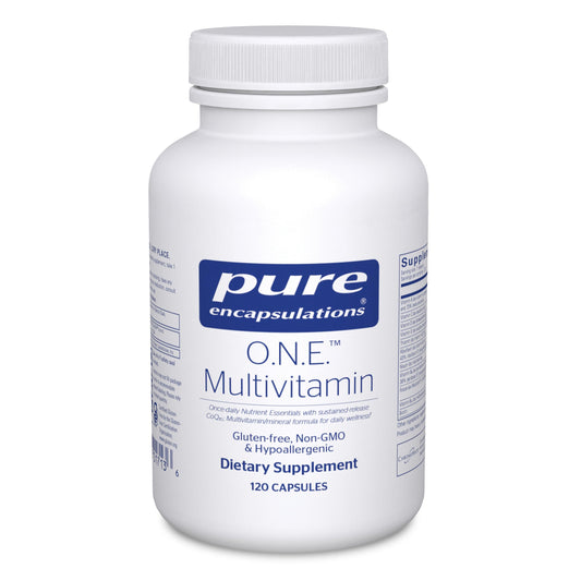Pure Encapsulations O.N.E. multivitamin bottle with capsules offering antioxidant support.
