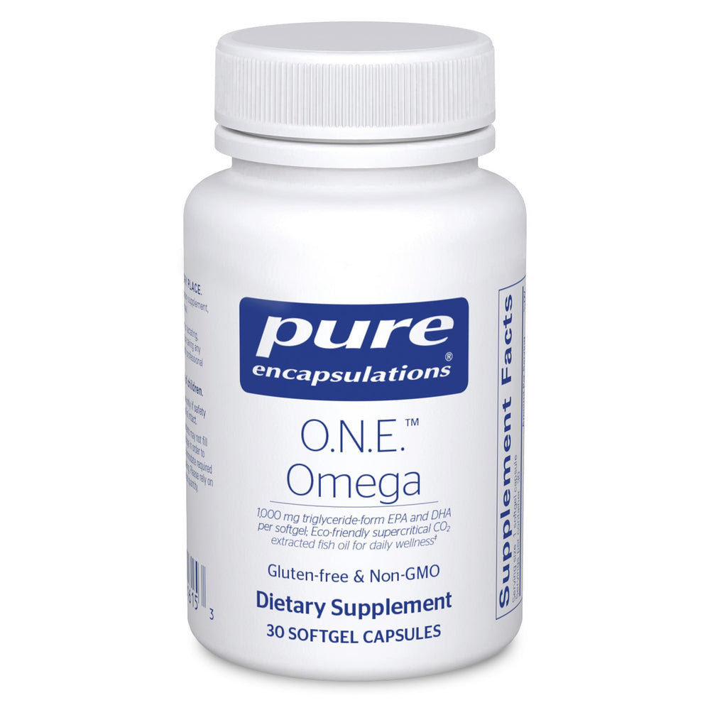 Pure Encapsulations O.N.E. Omega bottle poured; convenient daily dose for overall wellness.