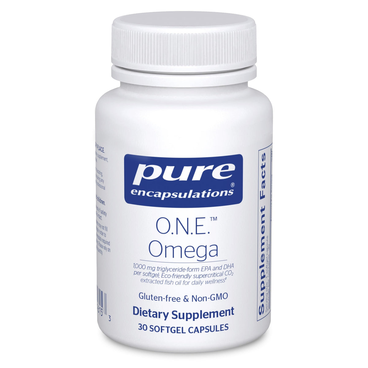Pure Encapsulations O.N.E. Omega bottle poured; convenient daily dose for overall wellness.