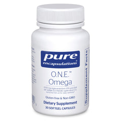 Pure Encapsulations O.N.E. Omega bottle poured; convenient daily dose for overall wellness.