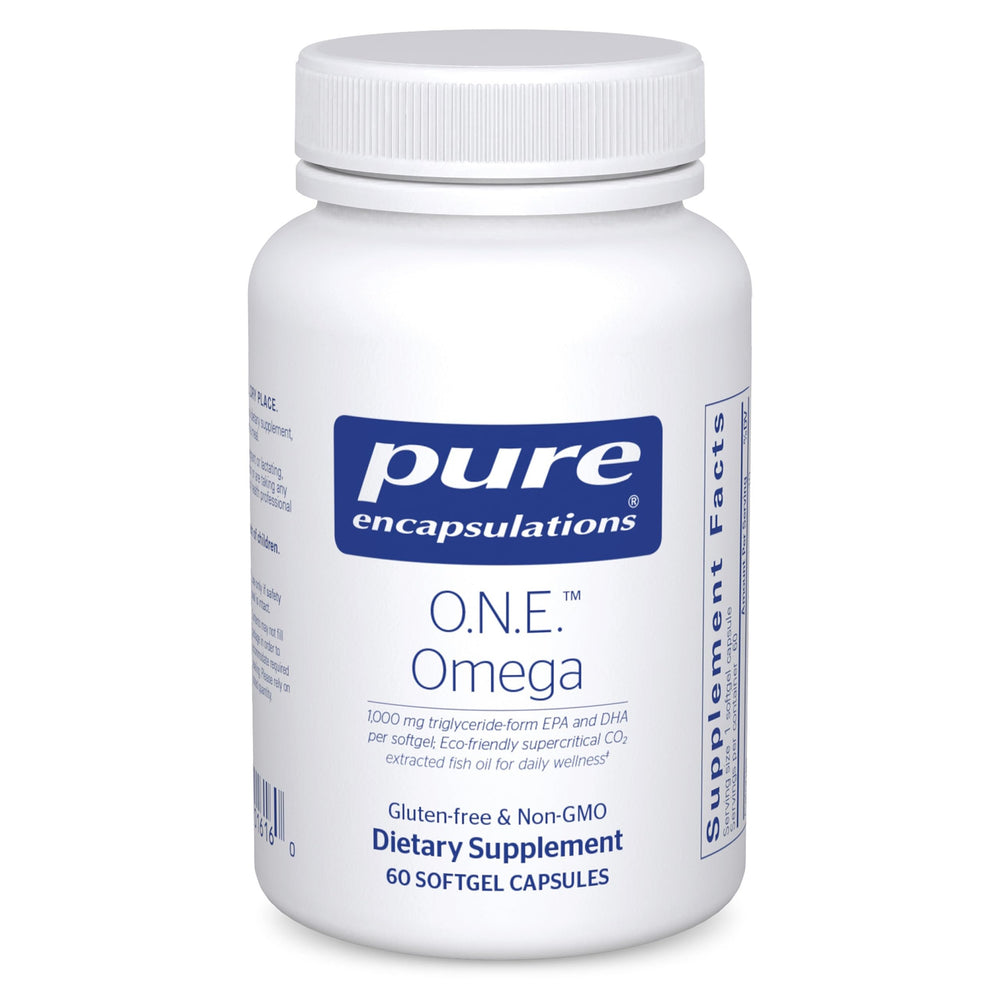 Pure Encapsulations O.N.E. Omega bottle with 60 softgels for easy daily EPA/DHA support.