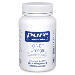Pure Encapsulations O.N.E. Omega bottle with 60 softgels for easy daily EPA/DHA support.