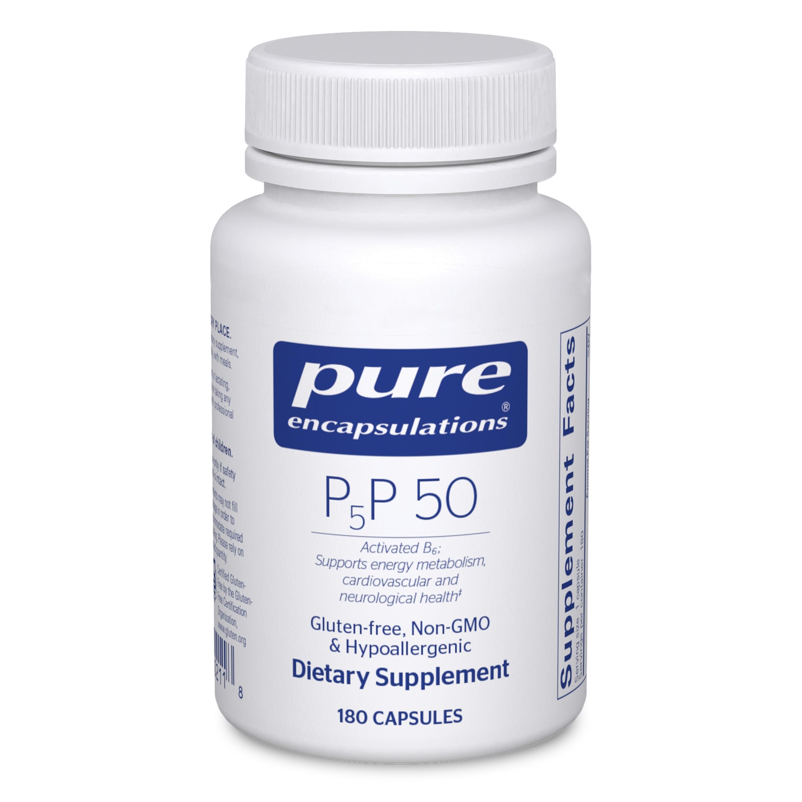 Pure Encapsulations P5P 50 capsules bottle shows gluten-free, non-GMO energy support.