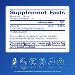 Pure Encapsulations P5P 50 label highlights active vitamin B6 for brain health.