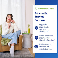 Pure Encapsulations Pancreatic Enzyme Formula acid-resistant capsules delivering to the GI tract.