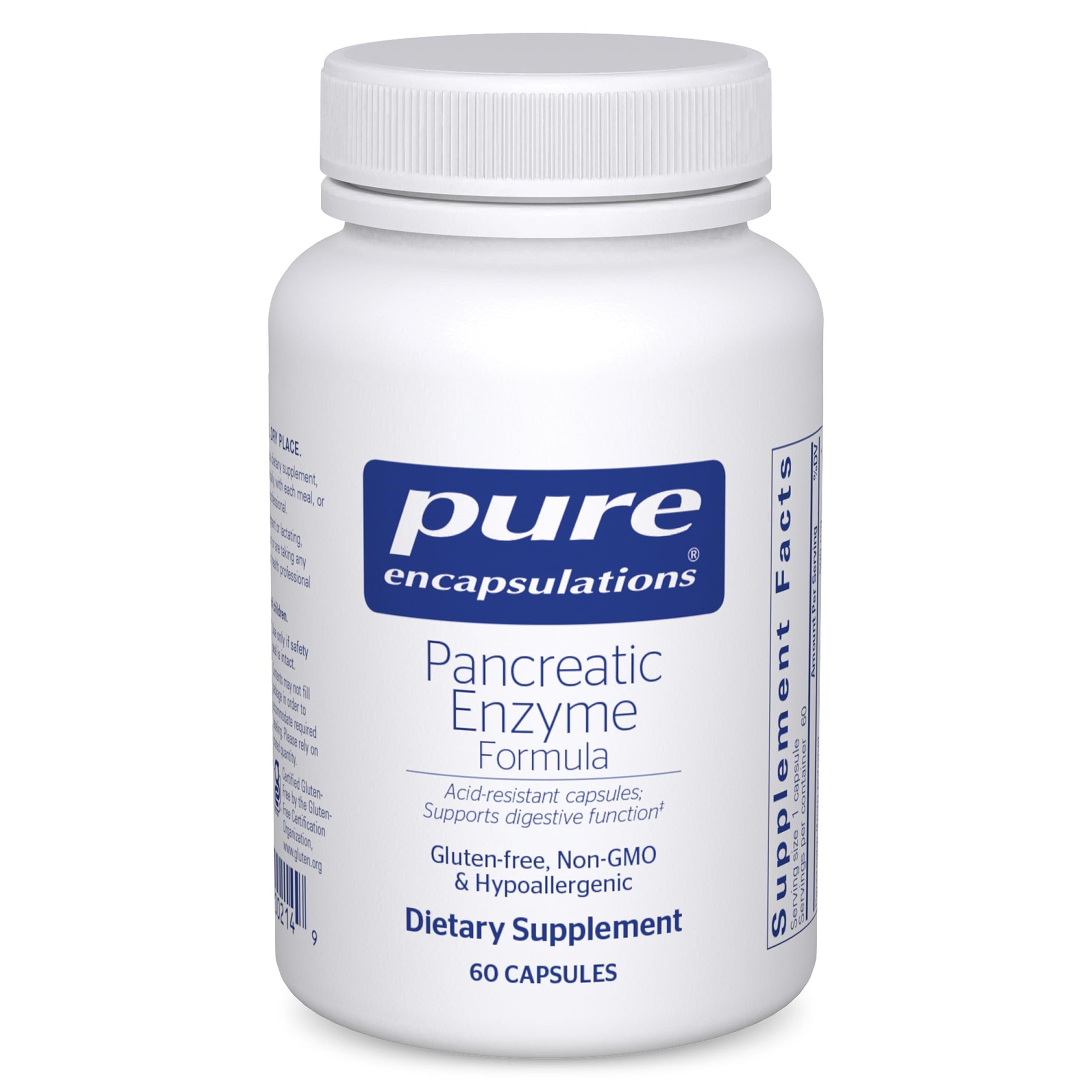 Pure Encapsulations Pancreatic Enzyme Formula bottle shown for daily digestion support.