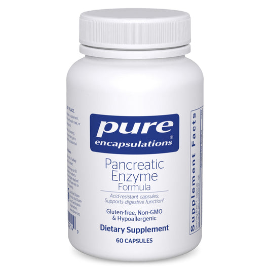 Pure Encapsulations Pancreatic Enzyme Formula bottle shown for daily digestion support.