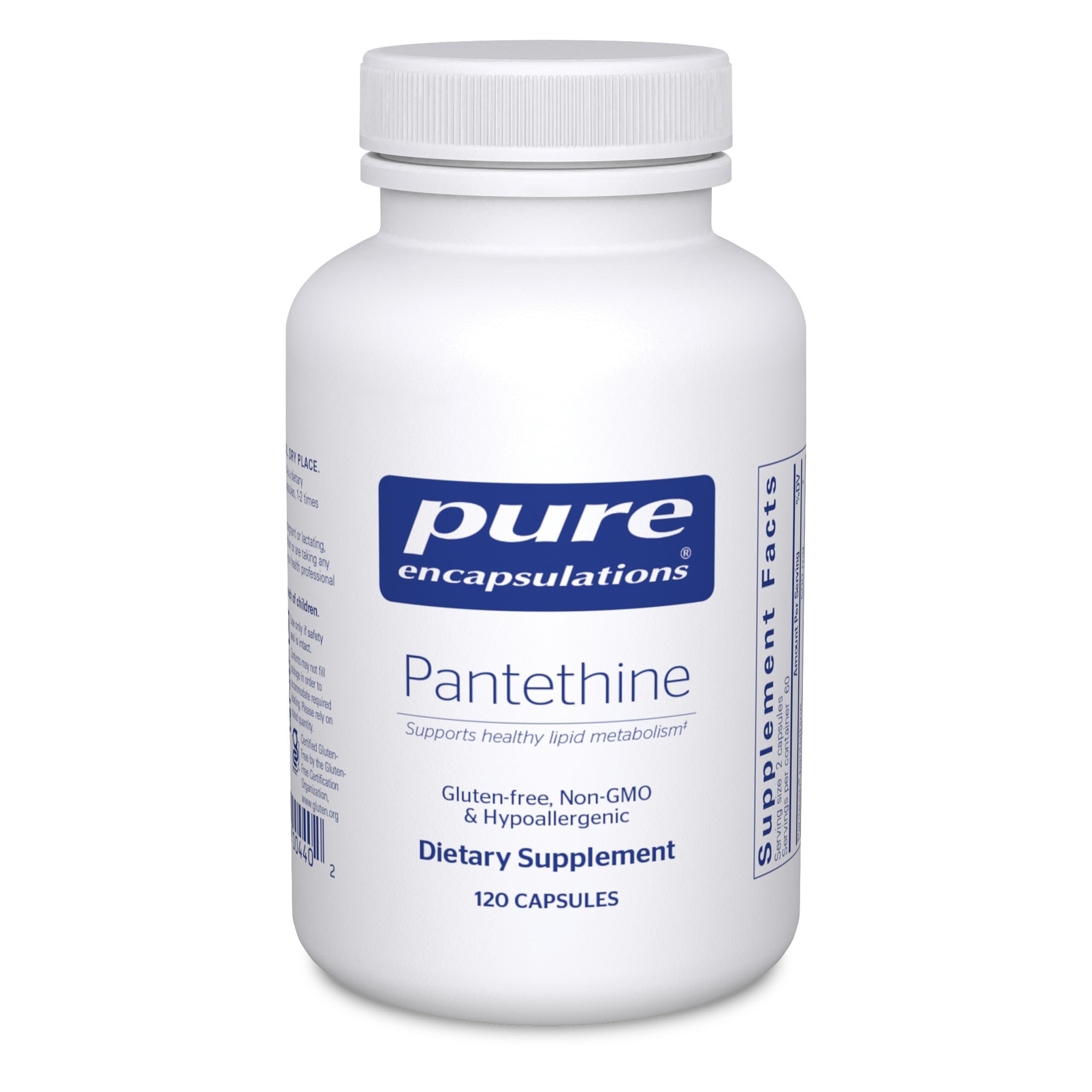 Pure Encapsulations Pantethine bottle front showing hypoallergenic formulation for sensitive users.