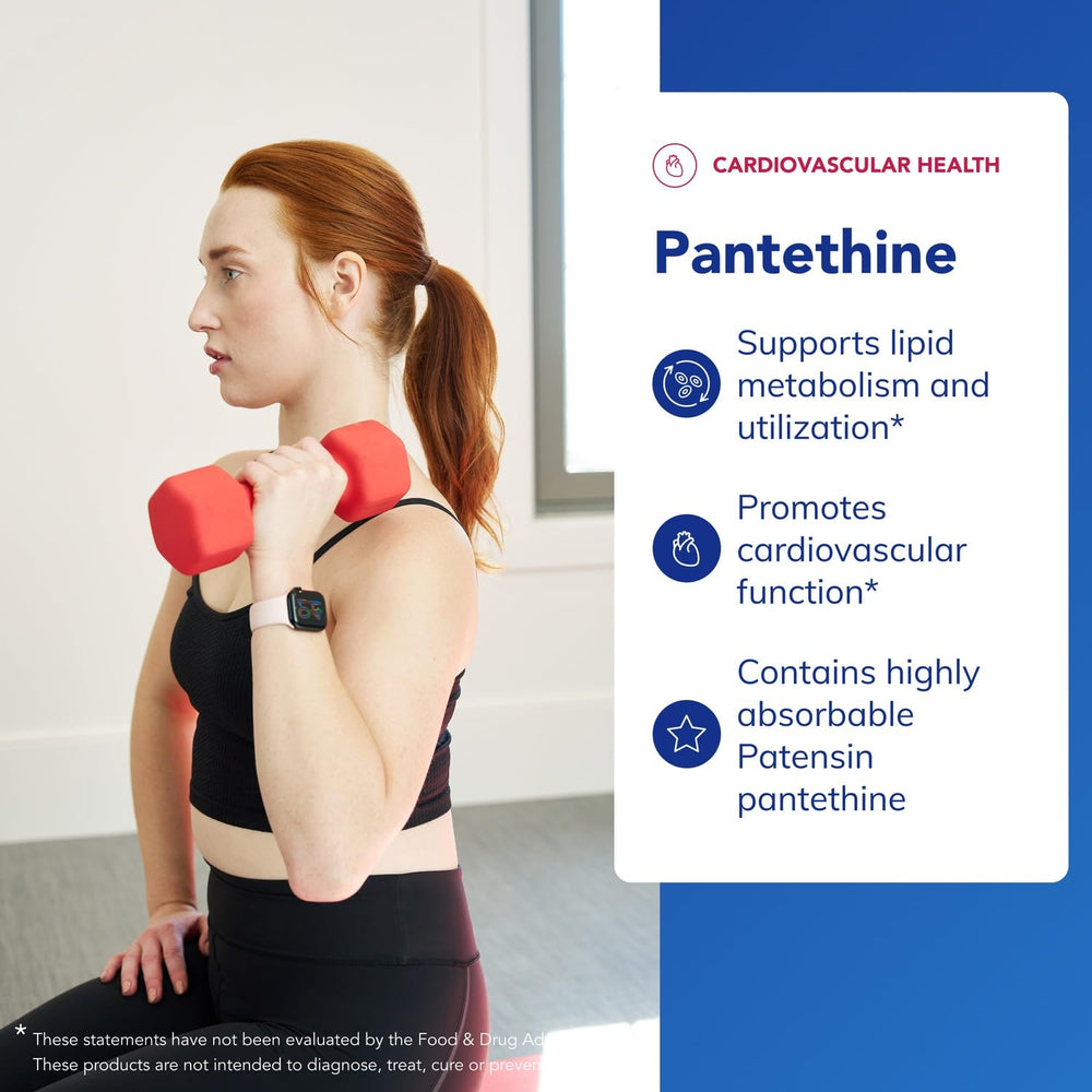 Pure Encapsulations Pantethine bottle label highlights allergen-free ingredients.