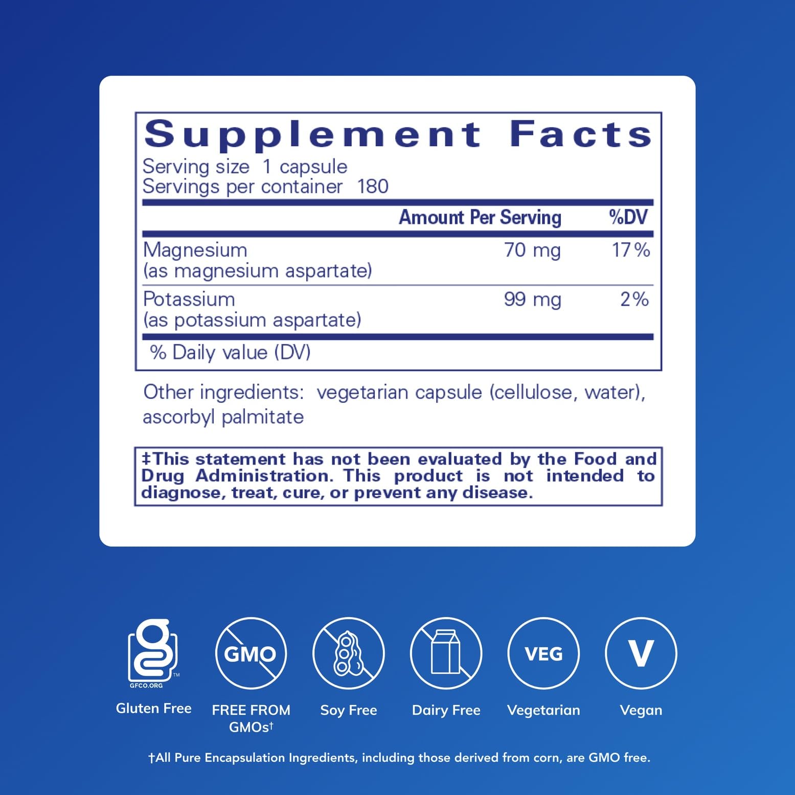 Label closeup of Pure Encapsulations Potassium Magnesium aspartate highlighting premium ingredients