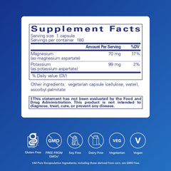 Label closeup of Pure Encapsulations Potassium Magnesium aspartate highlighting premium ingredients