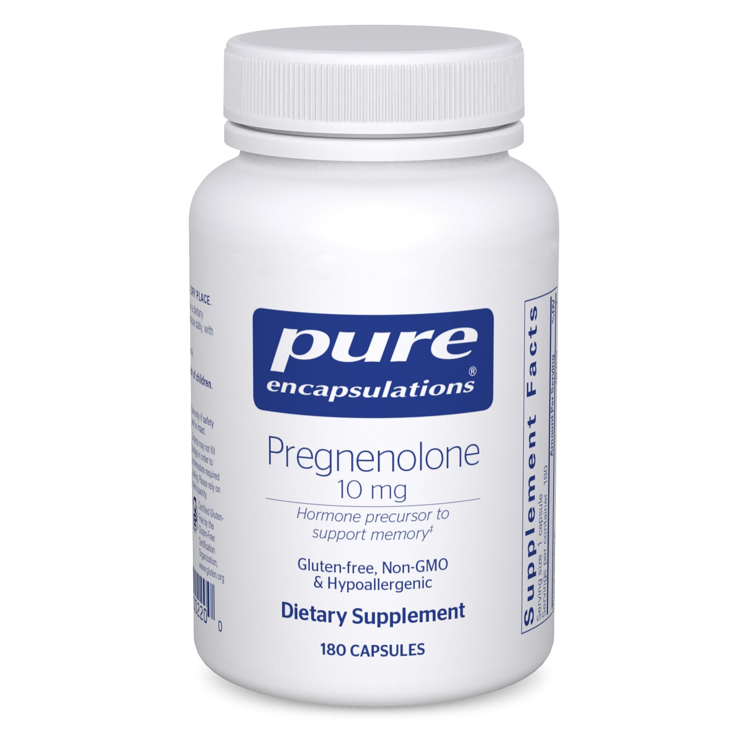 Pure Encapsulations Pregnenolone 10 mg bottle on a clean desk for memory support
