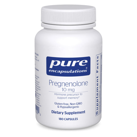 Pure Encapsulations Pregnenolone 10 mg bottle on a clean desk for memory support