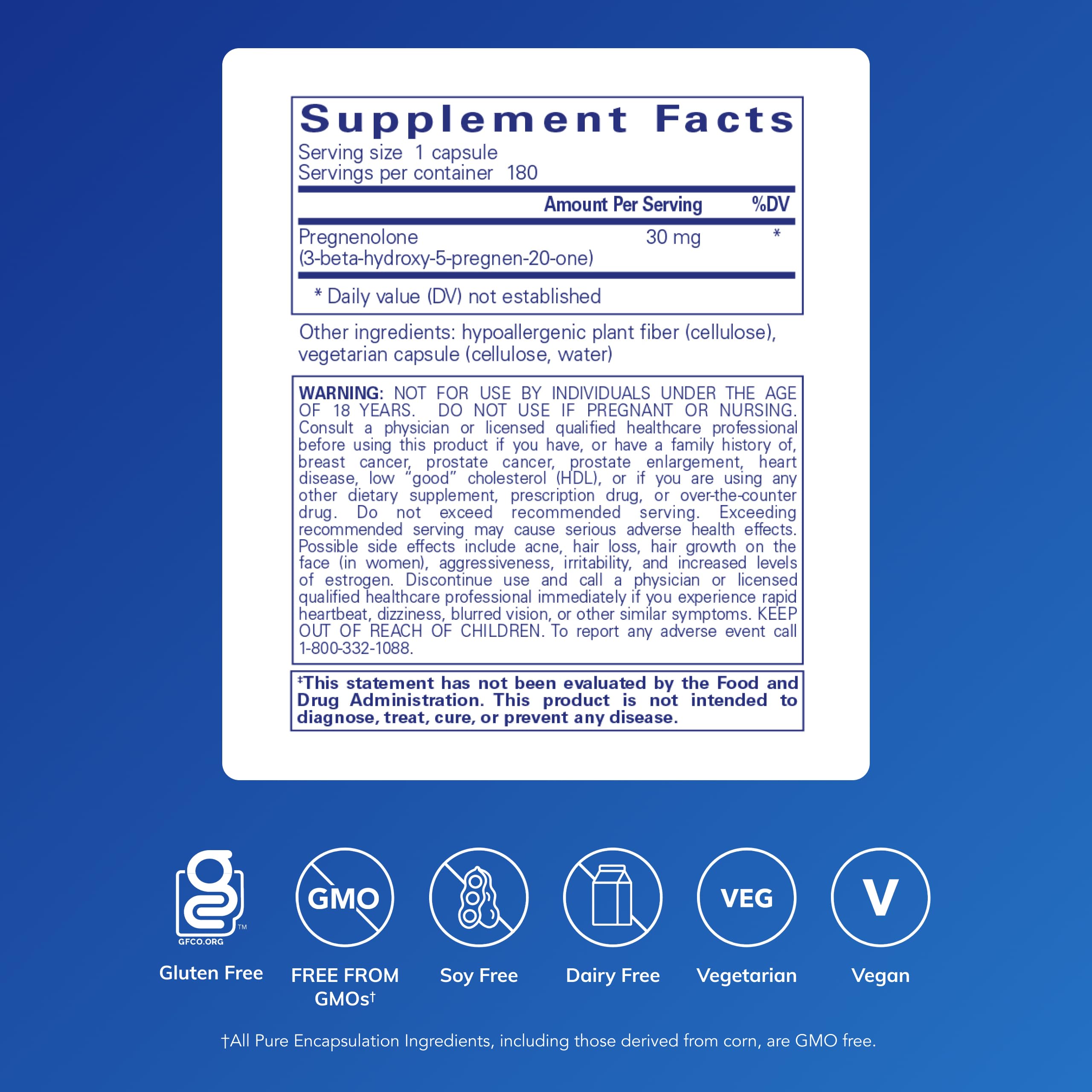 Pure Encapsulations Pregnenolone 30 mg capsules shown for convenient daily supplementation