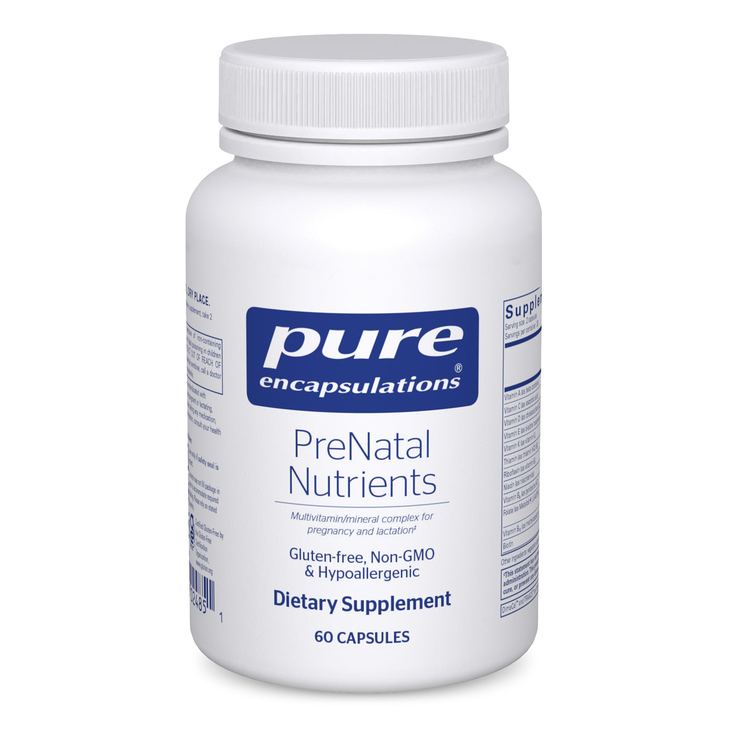 Pure Encapsulations PreNatal Nutrients bottle front for pregnancy support with essential folate and iron.
