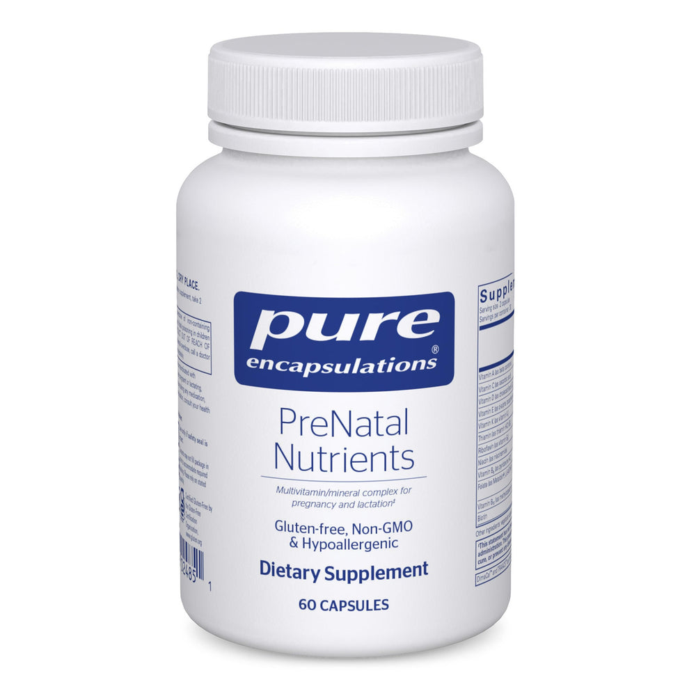 Pure Encapsulations PreNatal Nutrients bottle front for pregnancy support with essential folate and iron.