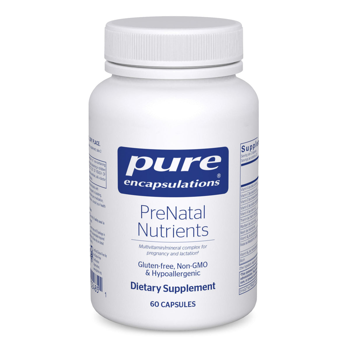 Pure Encapsulations PreNatal Nutrients bottle front for pregnancy support with essential folate and iron.
