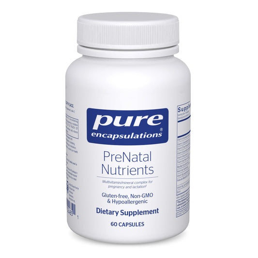 Pure Encapsulations PreNatal Nutrients bottle front for pregnancy support with essential folate and iron.