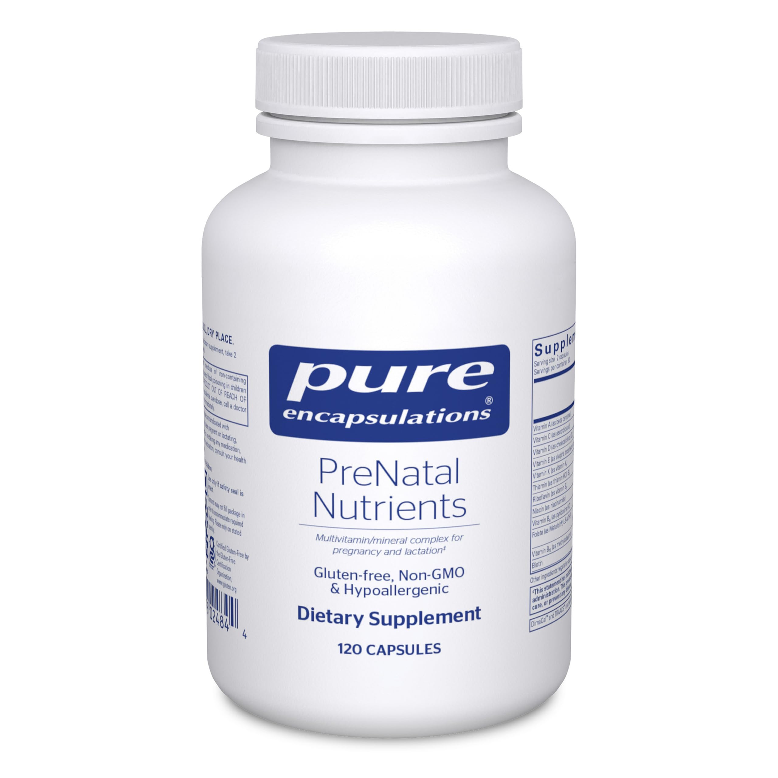 Pure Encapsulations Prenatal Nutrients bottle for comprehensive pregnancy nutrition.