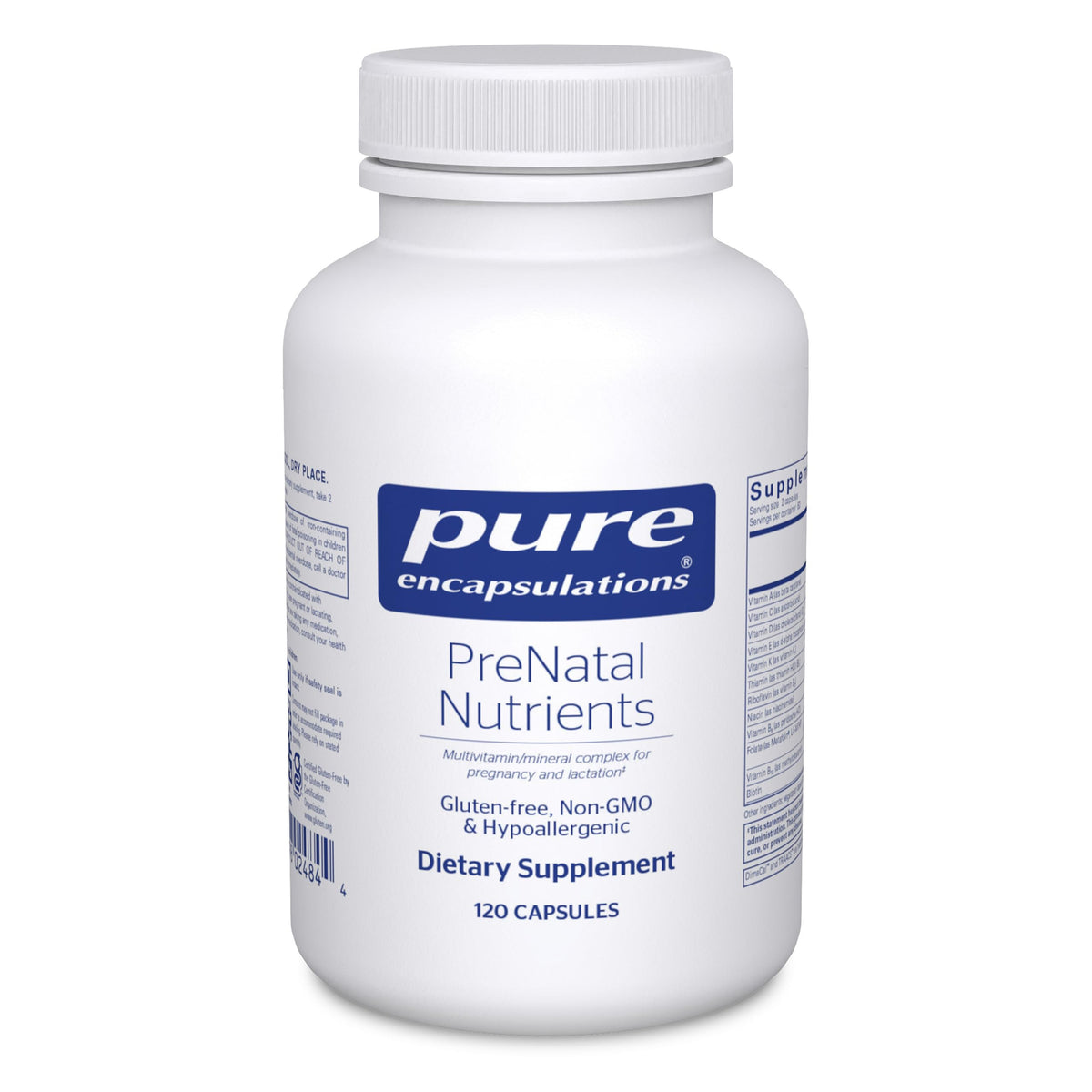 Pure Encapsulations Prenatal Nutrients bottle for comprehensive pregnancy nutrition.