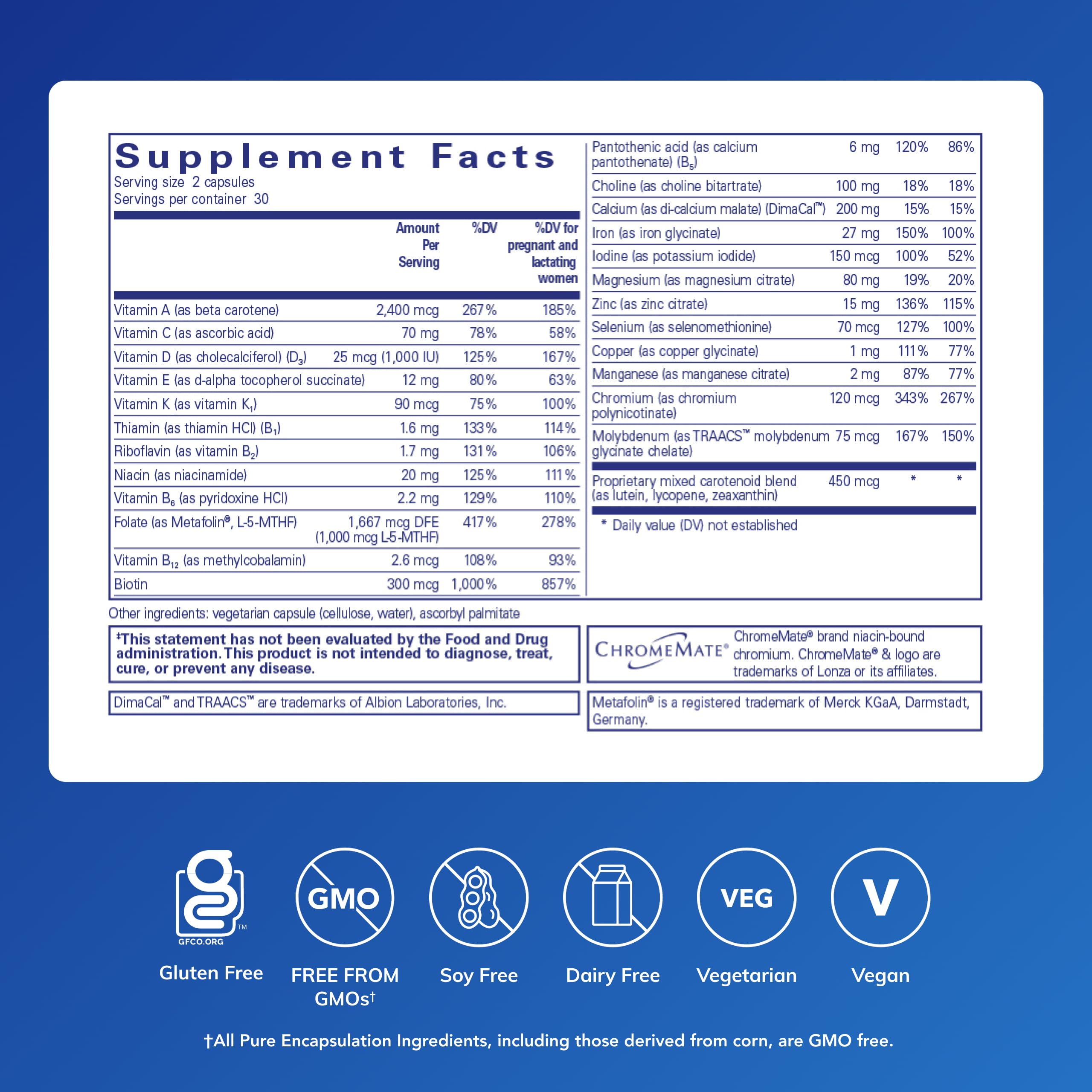 Close-up of Pure Encapsulations PreNatal Nutrients capsules showing daily dose for lactation energy.