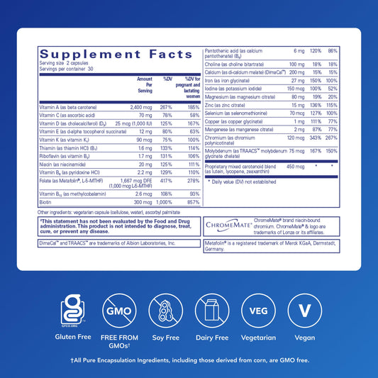 Close-up of Pure Encapsulations PreNatal Nutrients capsules showing daily dose for lactation energy.