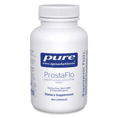 Pure Encapsulations ProstaFlo bottle front shows hypoallergenic pollen extract for urinary support.