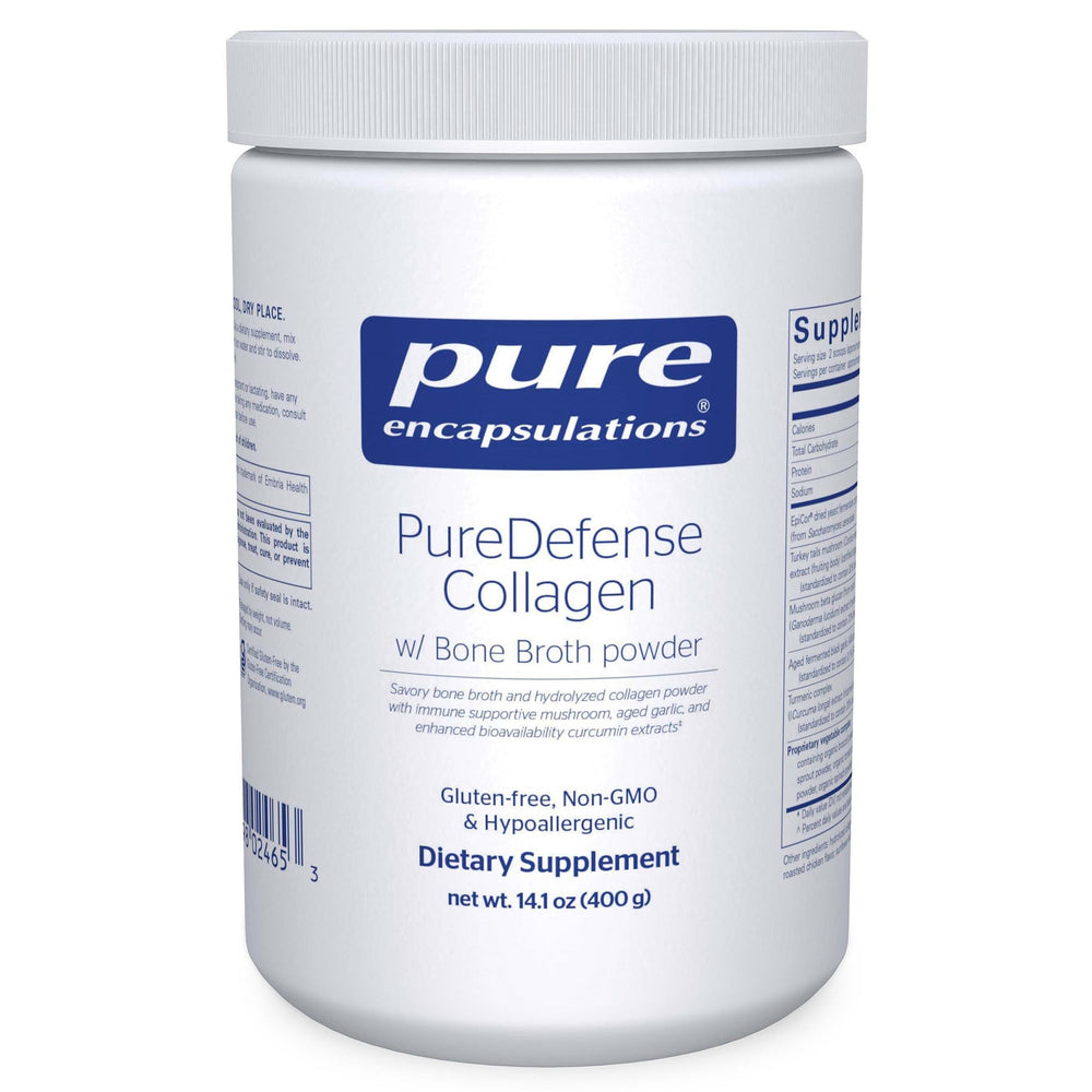Pure Encapsulations PureDefense Collagen with Bone Broth pours into a mug for savory daily nourishment.