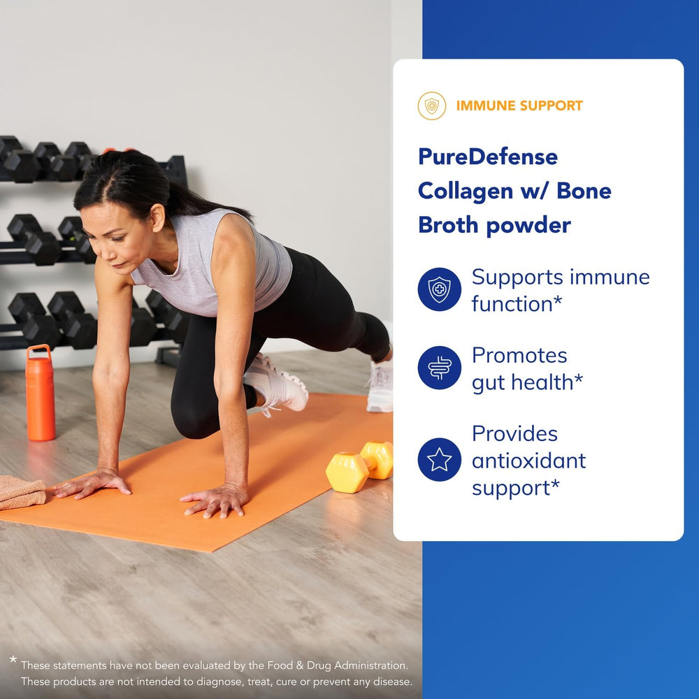 Mushroom blend visible beside bottle signaling immune supportive ingredients in PureDefense.