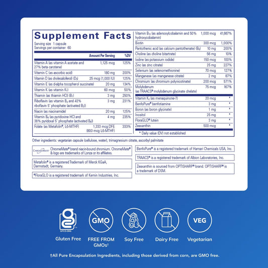 PureGenomics Multivitamin bottle label close-up showing targeted nutrients for eye health