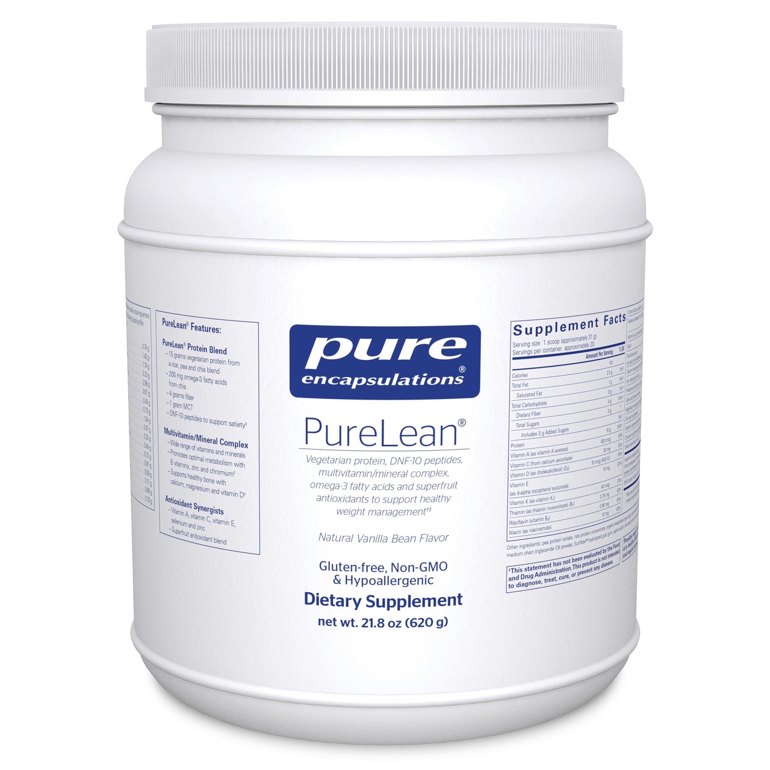 Pure Encapsulations PureLean Protein vanilla tub for balanced nutrition.
