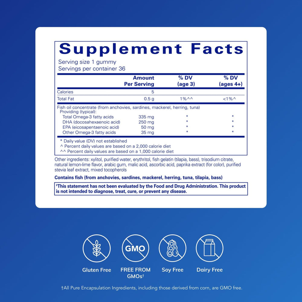 Pure Encapsulations PureNutrients EPA/DHA gummies in lemon-lime for convenient cognitive support.