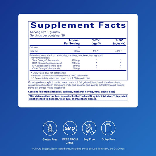 Pure Encapsulations PureNutrients EPA/DHA gummies in lemon-lime for convenient cognitive support.