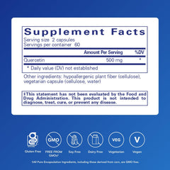 Quercetin 500 mg capsules pack shows a convenient 2-capsule daily dose