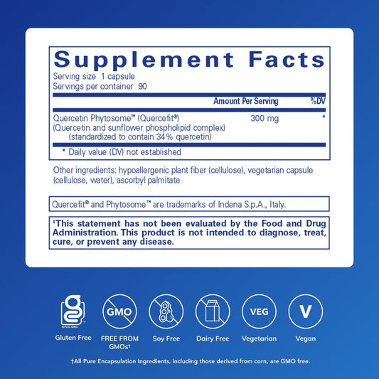 Pure Encapsulations Quercetin UltraSorb bottle back shows purity-focused ingredients.