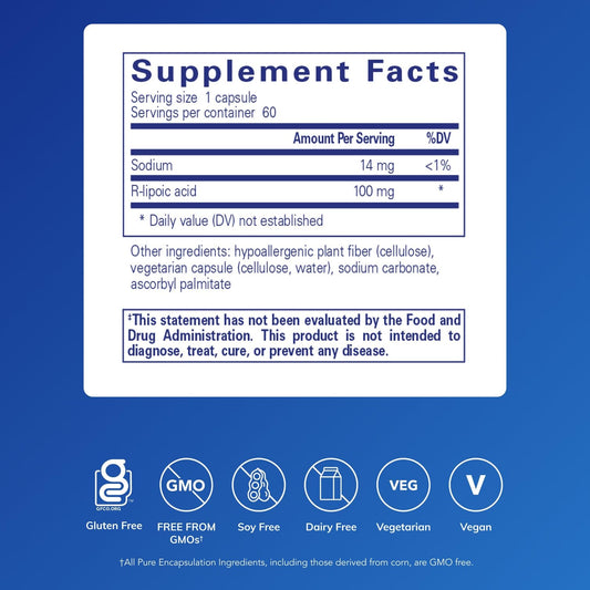 Pure Encapsulations R-Lipoic Acid Stabilized label closeup emphasizing hypoallergenic formula