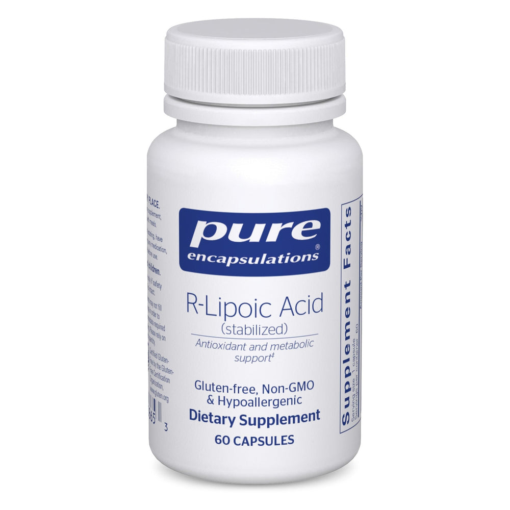 Pure Encapsulations R-Lipoic Acid Stabilized bottle closeup highlighting antioxidant support