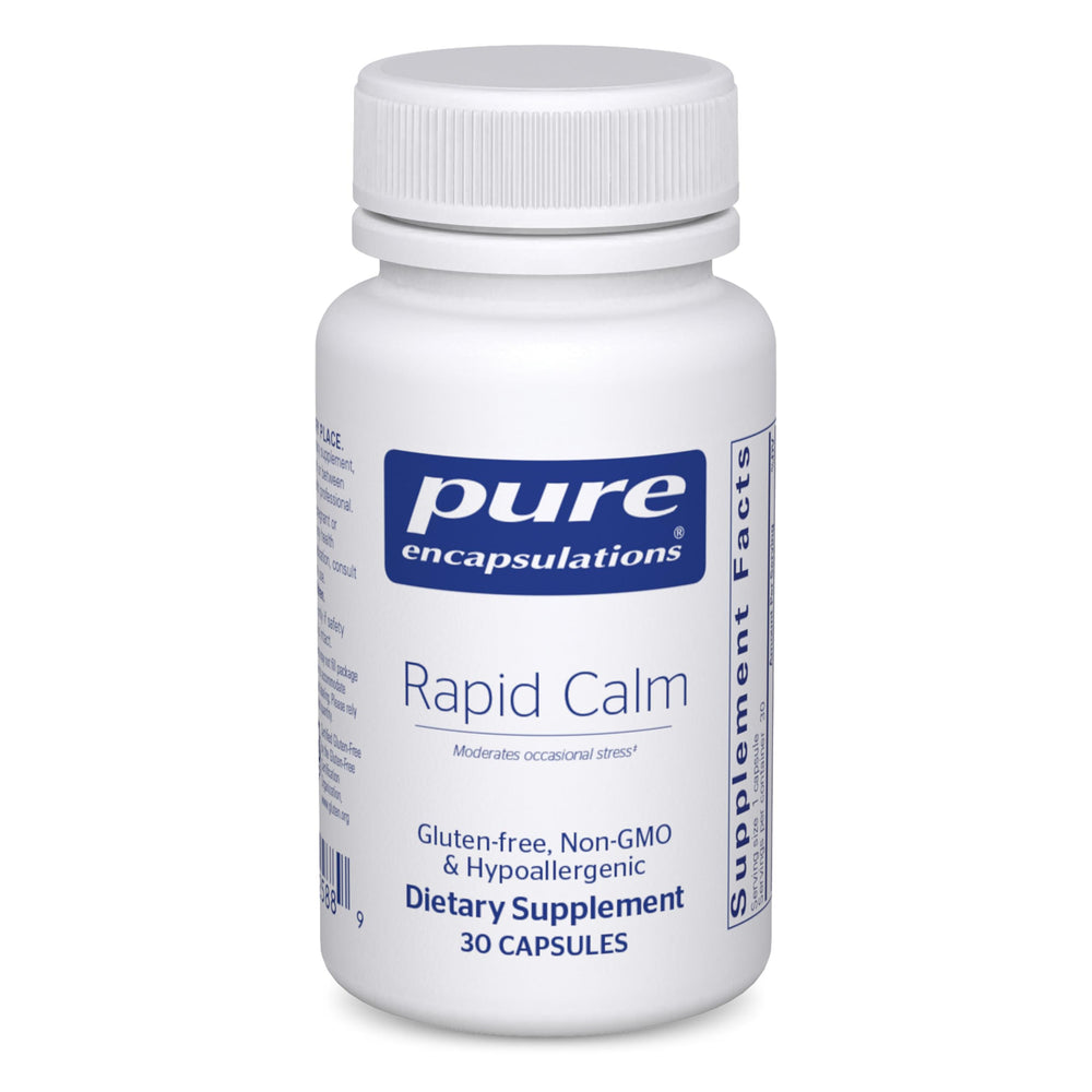 Pure Encapsulations Rapid Calm bottle on desk, suggesting on-the-go stress support.