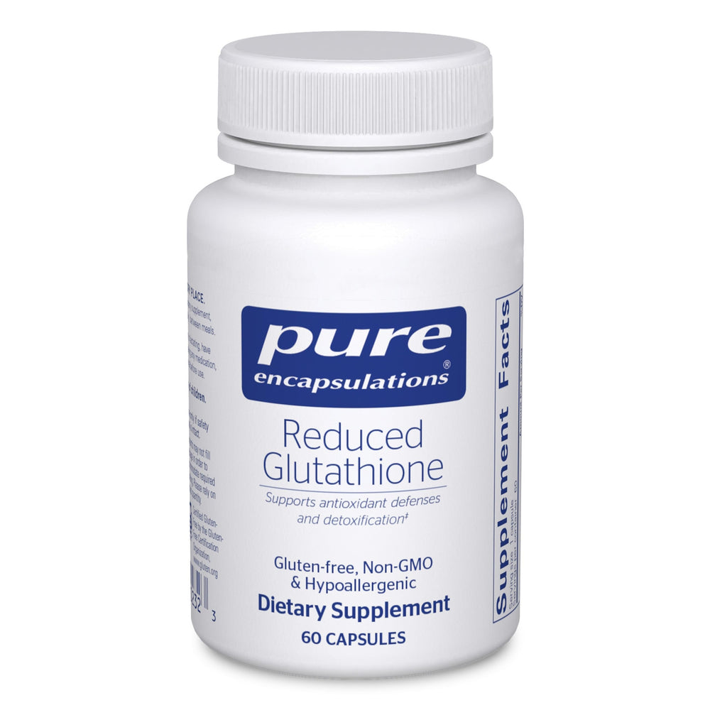 Pure Encapsulations Reduced Glutathione bottle shown with capsules highlighting cellular antioxidant support.