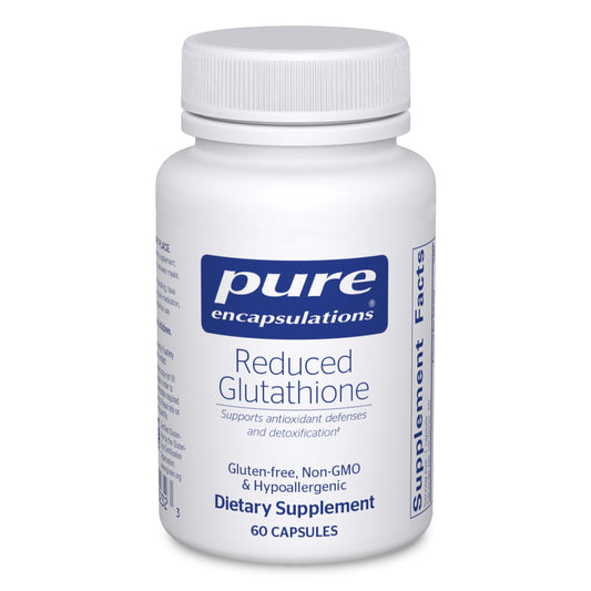 Pure Encapsulations Reduced Glutathione bottle shown with capsules highlighting cellular antioxidant support.