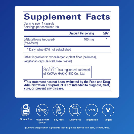 Pure Encapsulations Reduced Glutathione capsules close-up emphasize hypoallergenic formula and antioxidant support.