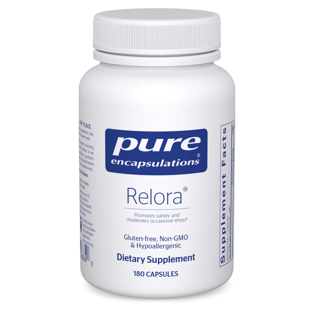 Pure Encapsulations Relora bottle front highlighting stress support in a clean supplement package