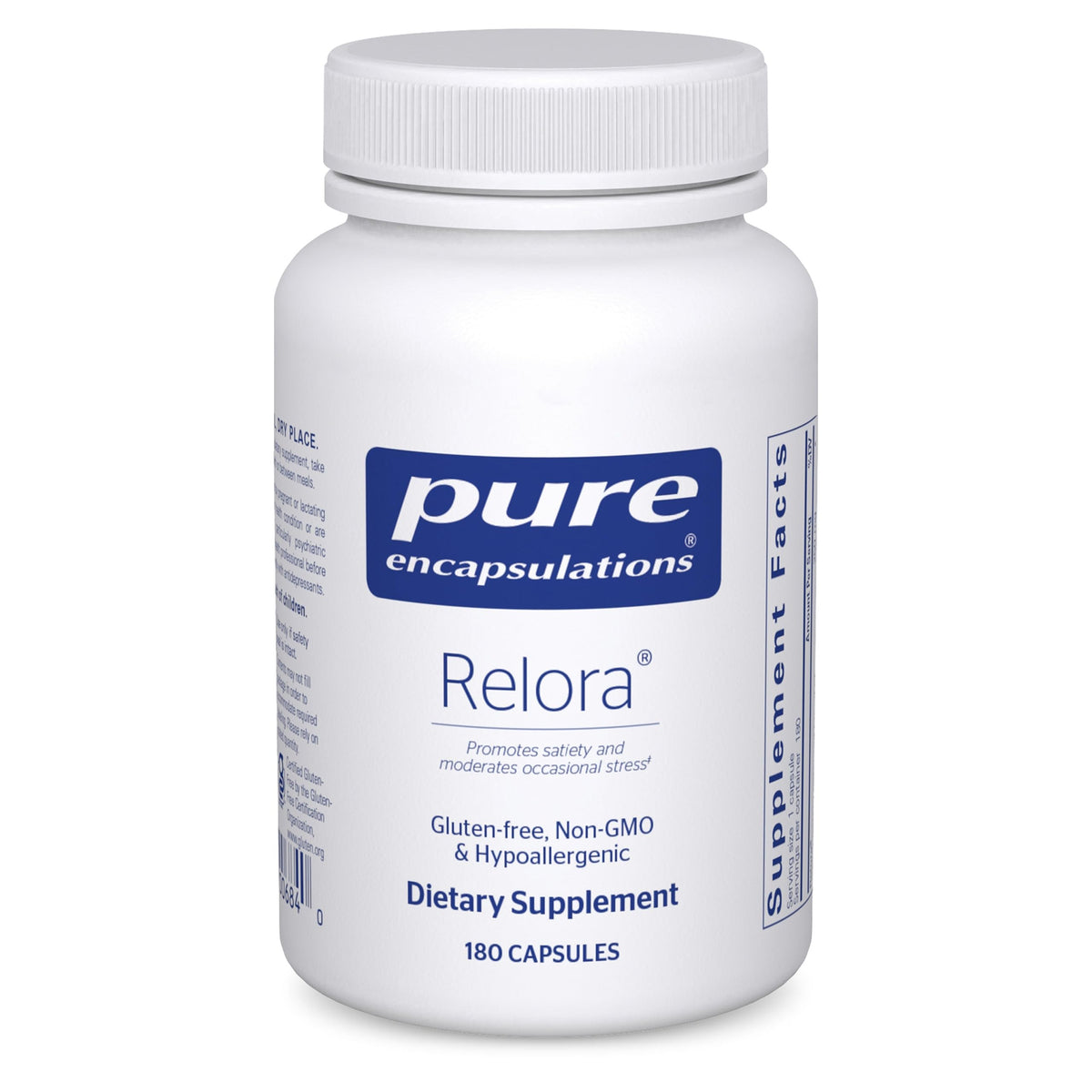 Pure Encapsulations Relora bottle front highlighting stress support in a clean supplement package