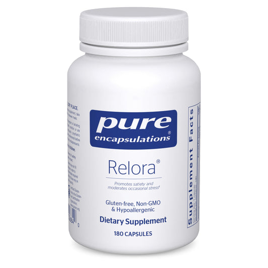 Pure Encapsulations Relora bottle front highlighting stress support in a clean supplement package