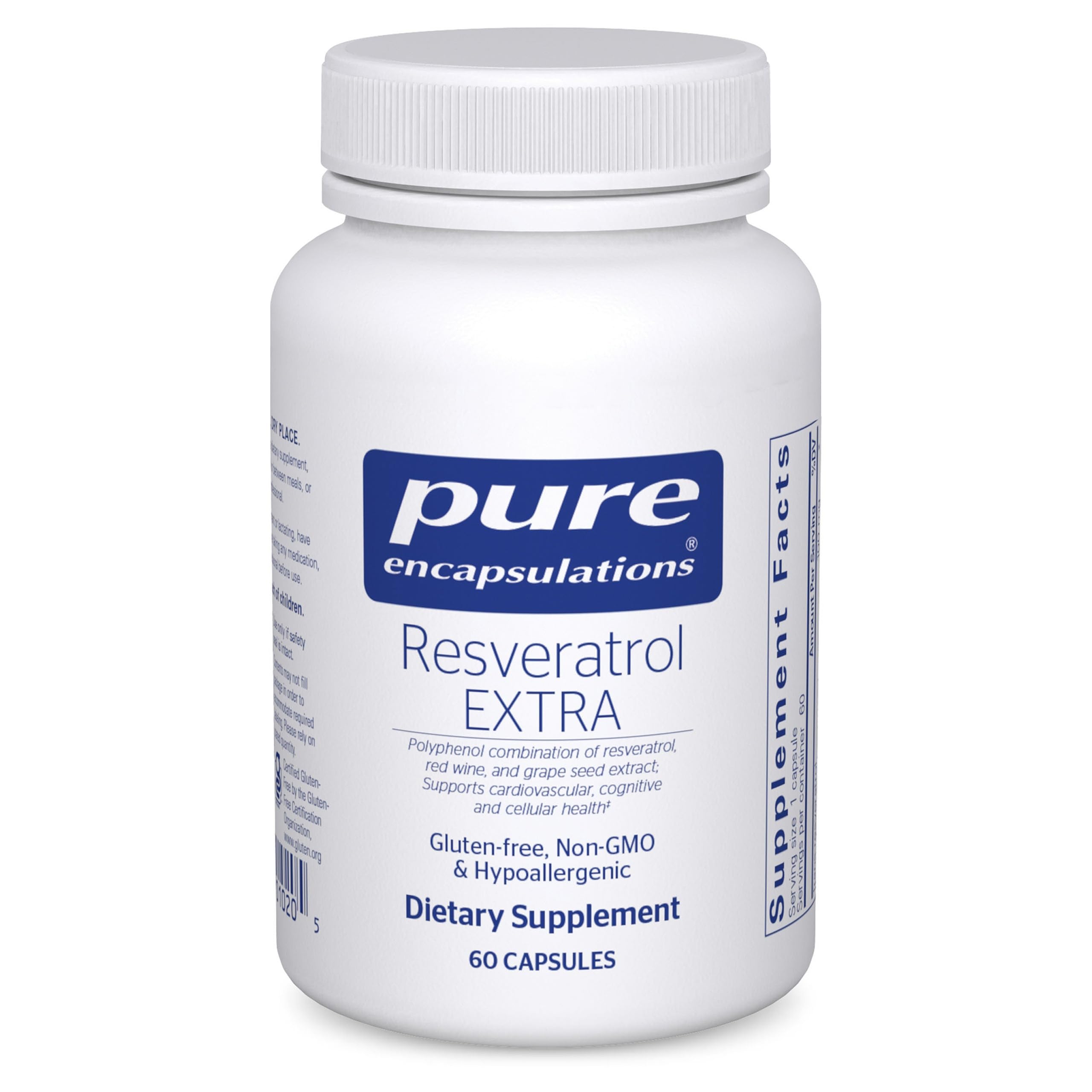 Pure Encapsulations Resveratrol EXTRA bottle displaying 60 capsules