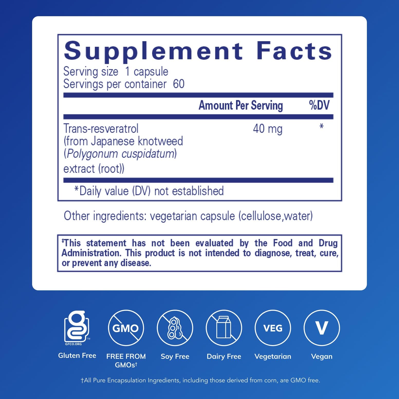 Close-up of Pure Encapsulations Resveratrol label highlighting vegan, gluten-free formulation.